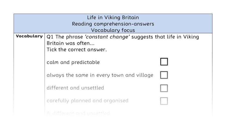 Reading comprehension - vocabulary - Life in Viking Britain - answers