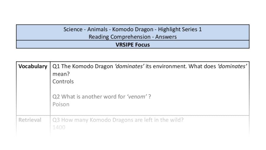 Reading Comprehension - Komodo Dragon - Highlight Series 1 - VRSIPE Focus