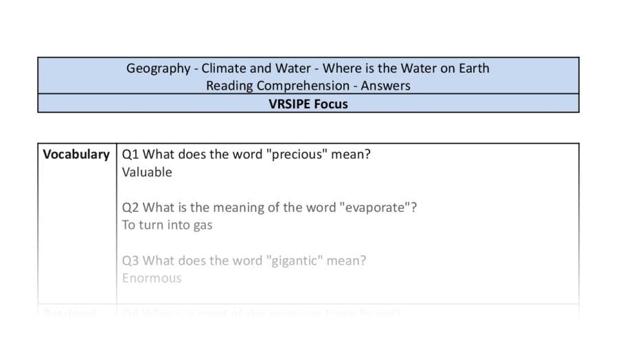 Reading comp - VRSIPE - where is the water on Earth-answers
