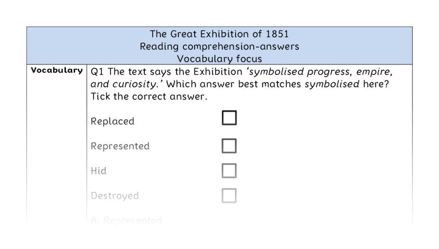 Reading comprehension - vocabulary - The Great Exhibition of 1851 - answers