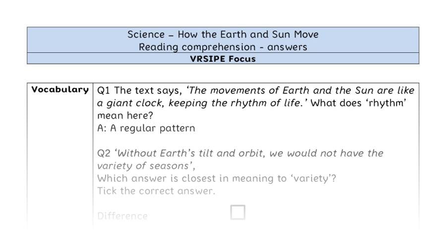 How the Earth and Sun Move - Reading Comprehension Answers - VRSIPE Focus