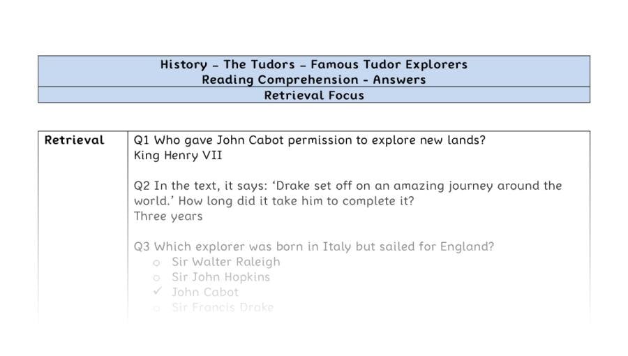 Reading comprehension - famous Tudor explorers - retrieval-answers
