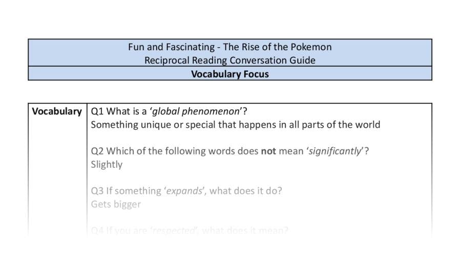 Reciprocal Reading Conversation - The Rise of the Pokemon - UKS2 - Vocabulary Focus