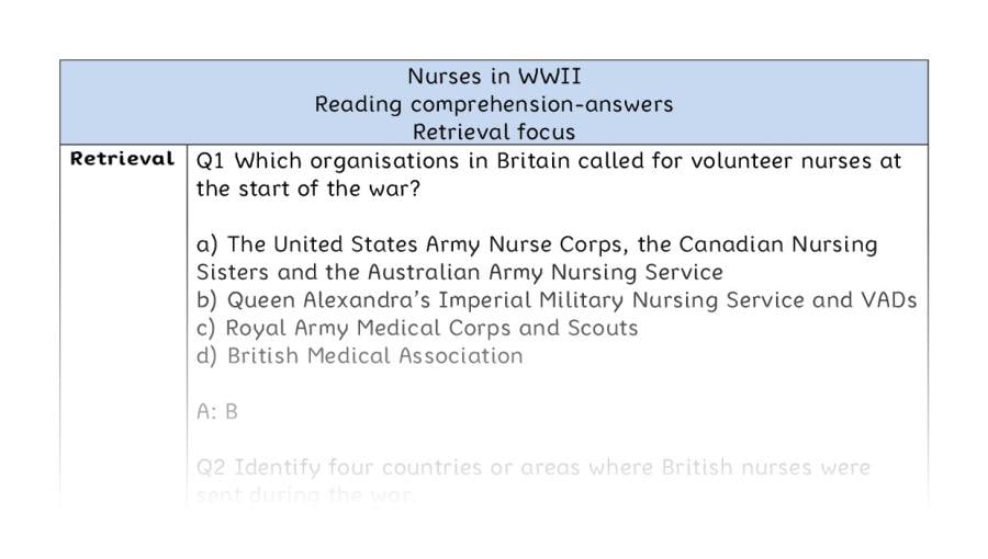 Reading comprehension - retrieval - Nurses in WWII - answers