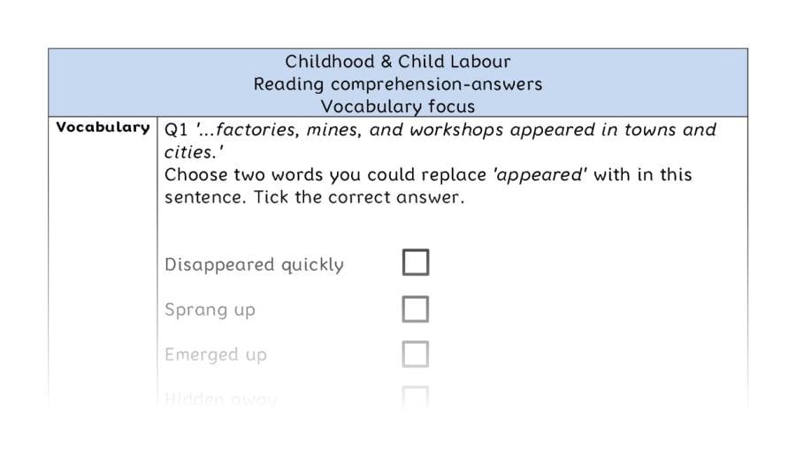 Reading comprehension - vocabulary - Childhood & Child Labour - answers
