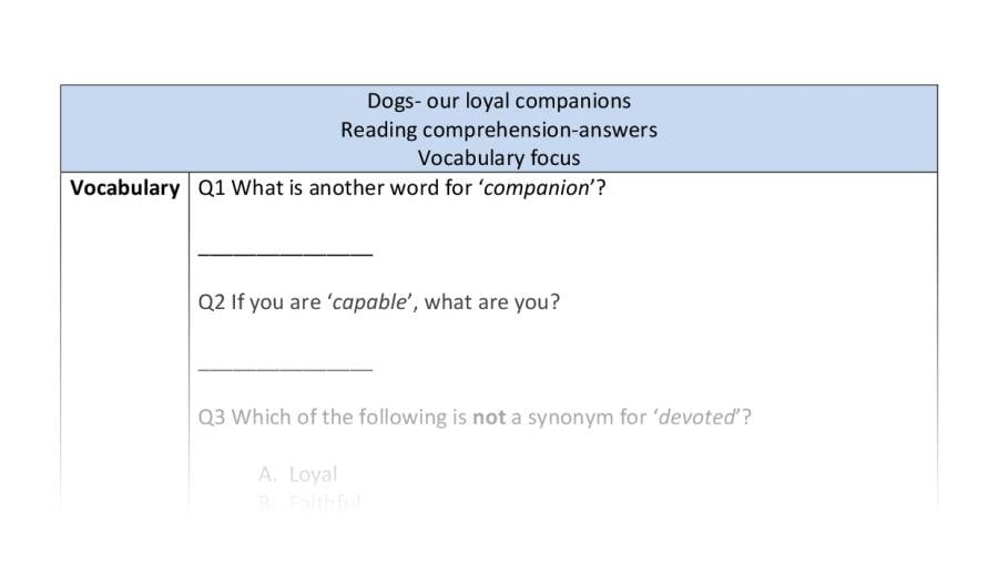 Reading comprehension - Dogs our loyal companions - vocabulary