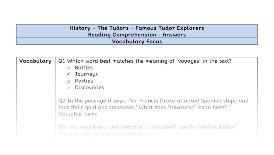 Reading comprehension - famous Tudor explorers - vocabulary-answers