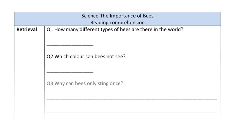 Reading comprehension - retrieval - The Importance of Bees