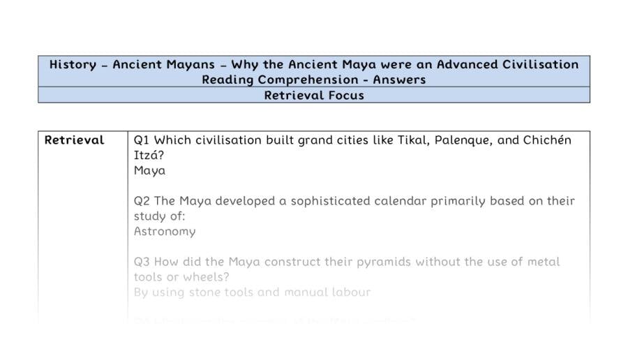 Reading Comprehension - Why the Ancient Maya were an Advanced Civilisation - Retrieval Focus - answers