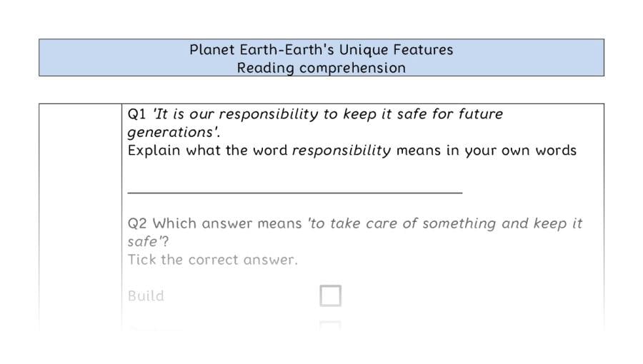 Reading comprehension VRSIPE - Planet Earth-Earths Unique Features