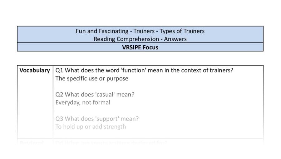 Reading Comprehension-Types of Trainers-VRSIPE Focus-answers