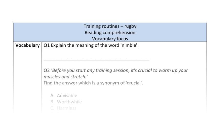 Reading comprehension - vocabulary - Training routines - rugby