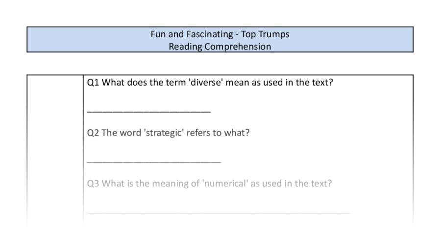 Reading comprehension - Top Trumps - vocabulary focus