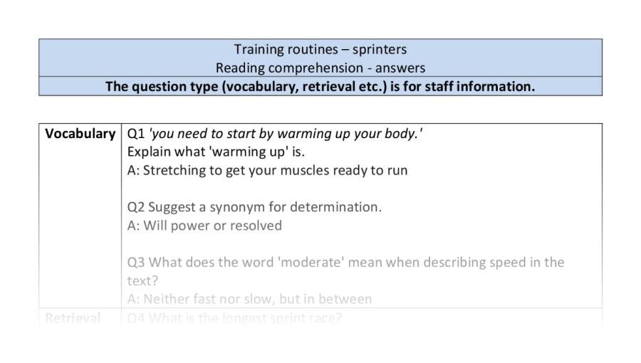 Reading comprehension - VRSIPE - Training routines - sprinters - answers