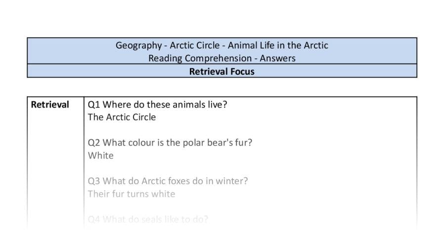 Reading Comprehension - Animal Life in the Arctic - Retrieval Focus