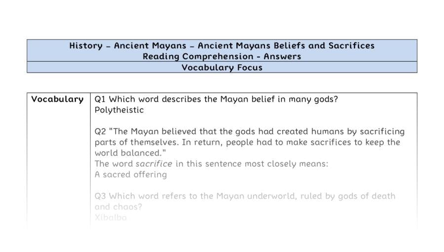 Reading Comprehension - Ancient Mayan Beliefs and Sacrifices - Vocabulary Focus