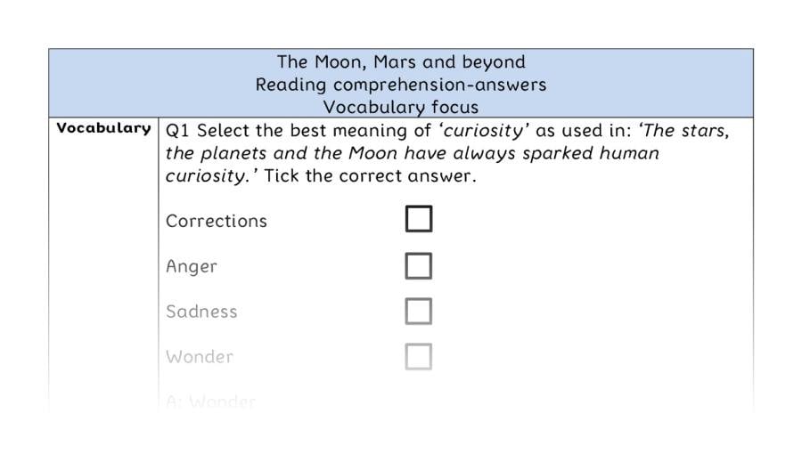 Reading comprehension - vocabulary - The Moon, Mars and beyond - answers
