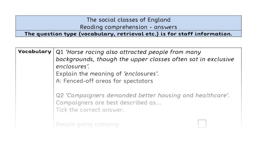 Reading comprehension - VRSIPE - The social classes of England - answers