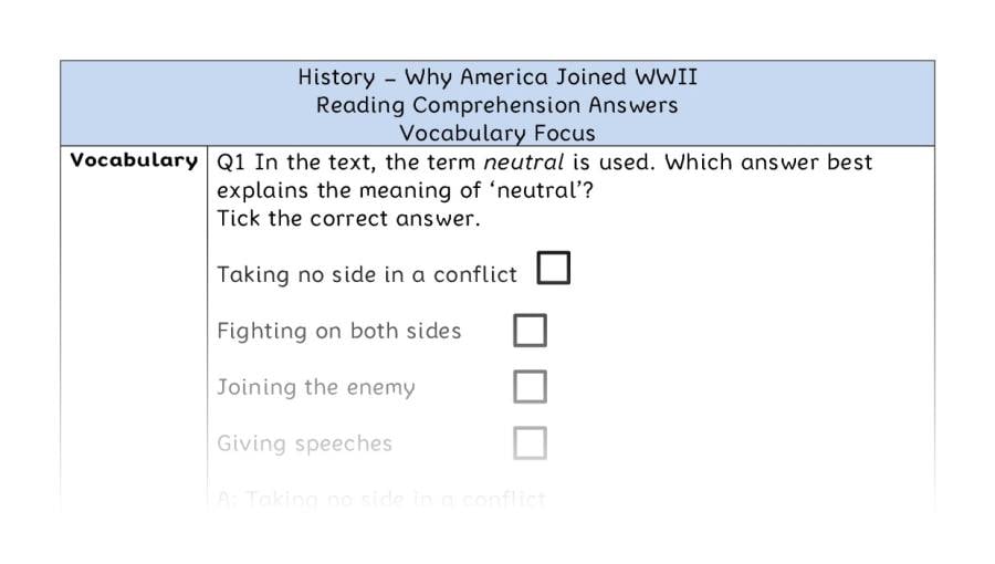 Why America Joined WWII - Reading Comprehension Answers - Vocabulary Focus