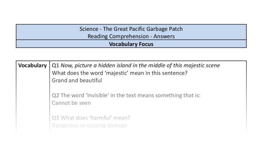 Reading Comprehension - The Great Pacific Garbage Patch - Vocabulary Focus