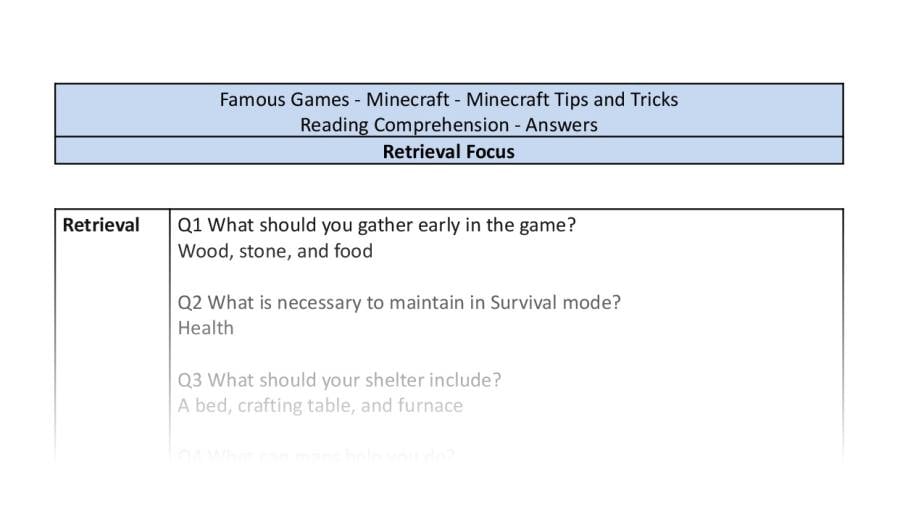 Reading Comprehension - Minecraft Tips and Tricks - Retrieval Focus
