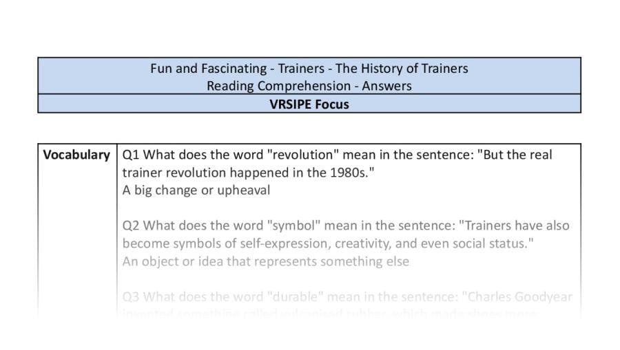 Reading comprehension-VRSIPE-The history of trainers-answers